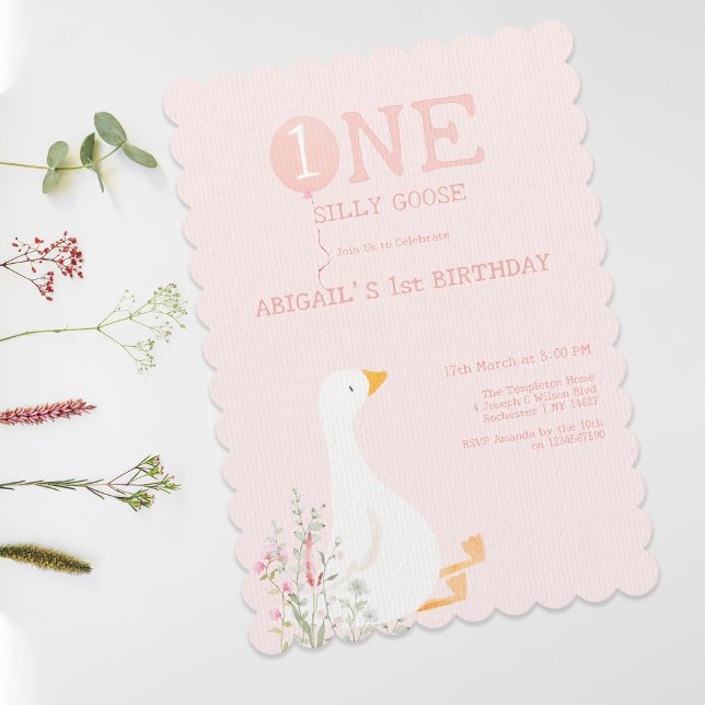 Invitation Une fille rose d'oie sotte 1er anniversaire (Créateur téléchargé)