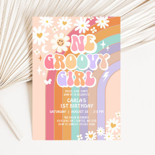 Invitation Une fille Super Hippie Rainbow Retro 1er anniversa