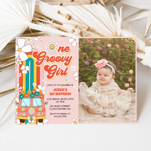 Invitation Une fille Super Retro Arc-en-ciel 1er anniversaire