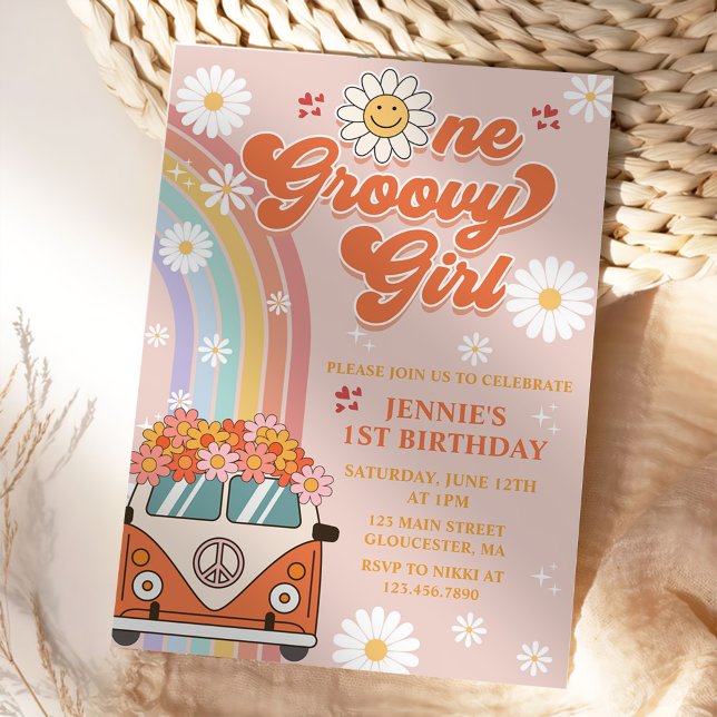 Invitation Une fille Super Retro Arc-en-ciel 1er anniversaire (Créateur téléchargé)