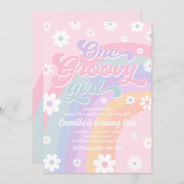 Invitation Une fille Super Retro Daisy Rose Rainbow Anniversa (Devant / Derrière)