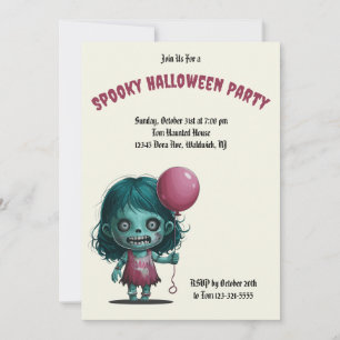 Invitation Une fille zombie avec un ballon. Éffrayante fête d