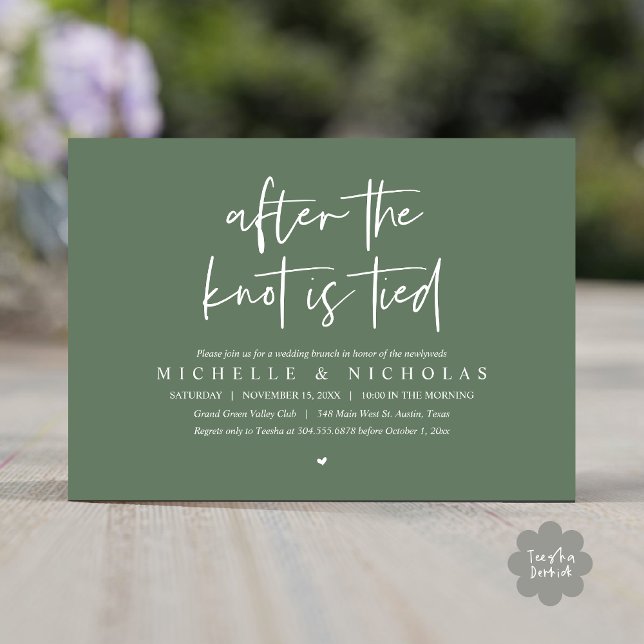 Invitation Une fois le noeud noué, Moderne Post Mariage Brunc (After the knot is tied, Modern Casual Post Wedding Brunch Party Dinner Invites Card PDF  Sage green)