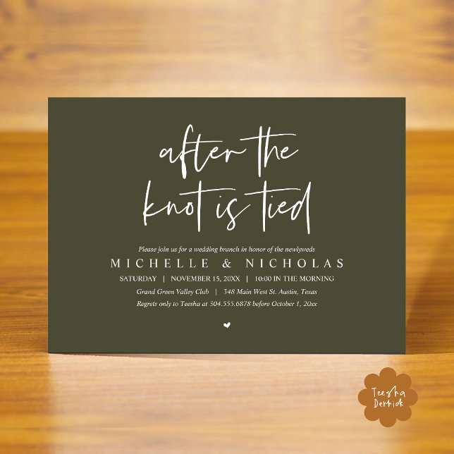 Invitation Une fois le noeud noué, Moderne Post Mariage Brunc (After the knot is tied, Modern Casual Post Wedding Brunch Party Dinner Invites Card PDF Olive Green)