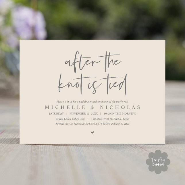 Invitation Une fois le noeud noué, Moderne Post Mariage Brunc (After the knot is tied, Modern Casual Post Wedding Brunch Party Dinner Invites Card PDF Cream Grey)