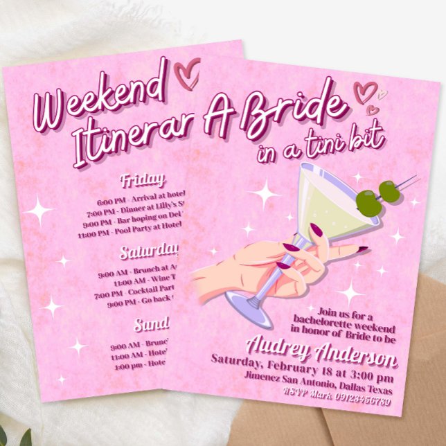 Invitation Une future mariée dans un itinéraire de week-end d (A Bride in Tini Bit Bachelorette Weekend Itinerary Invitation
)