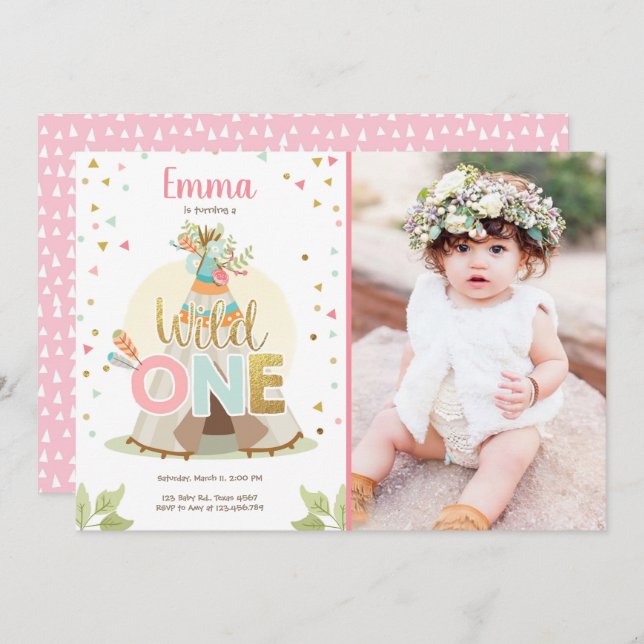 Invitation Une jeune fille rose de la tribu des Boho, Teepee  (Devant / Derrière)