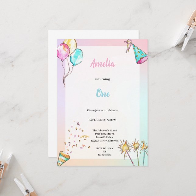 INVITATION UNE JOLIE FÊTE D'ANNIVERSAIRE BLEU ET ROSE (Devant/Arrière en situation)
