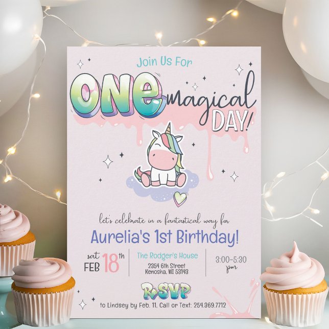 Invitation UNE Journée Magique Unicorn Graffiti Girl 1er anni (One magical day cute first pink pastel graffiti kawaii unicorn rainbow 1st birthday party invitation)