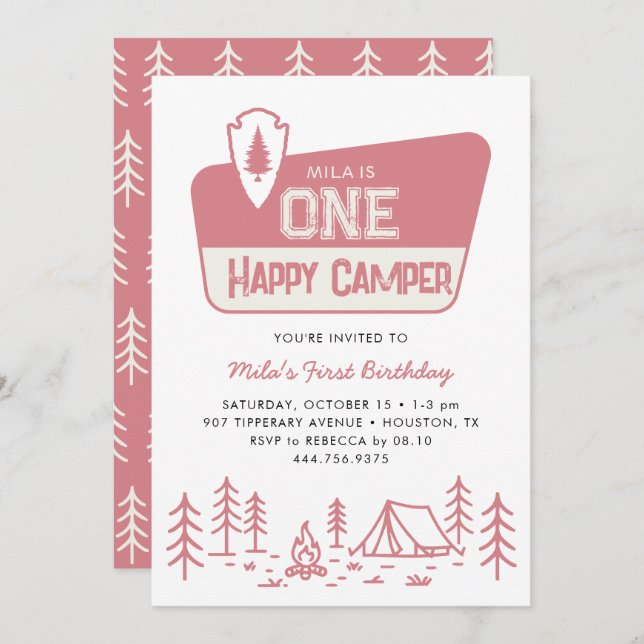 Invitation Une joyeuse Camper Girls 1ère Forêt de Camping Ann (Devant / Derrière)