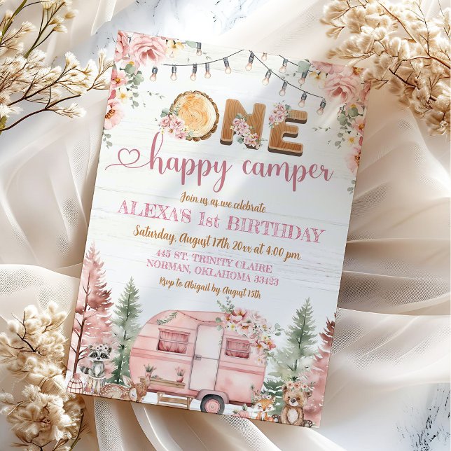 Invitation Une joyeuse campeuse Fille rose Rustique Anniversa (Créateur téléchargé)