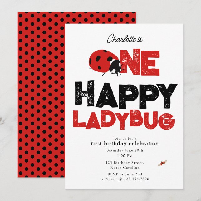 Invitation Une Joyeuse Coccinelle 1er Premier Anni (Devant / Derrière)