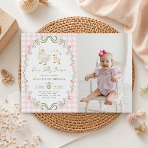 Invitation Une joyeuse oie 1er anniversaire Nœud rose floral 