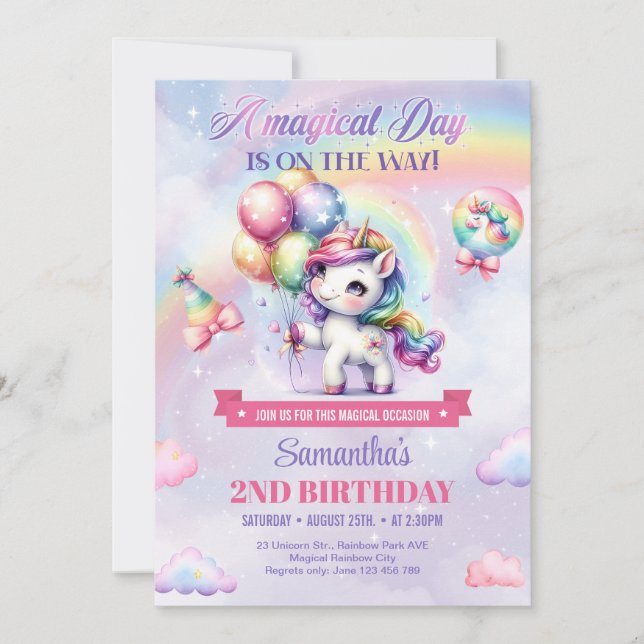 Invitation Une licorne magique et Rainbow girl 2e anniversair (Devant)