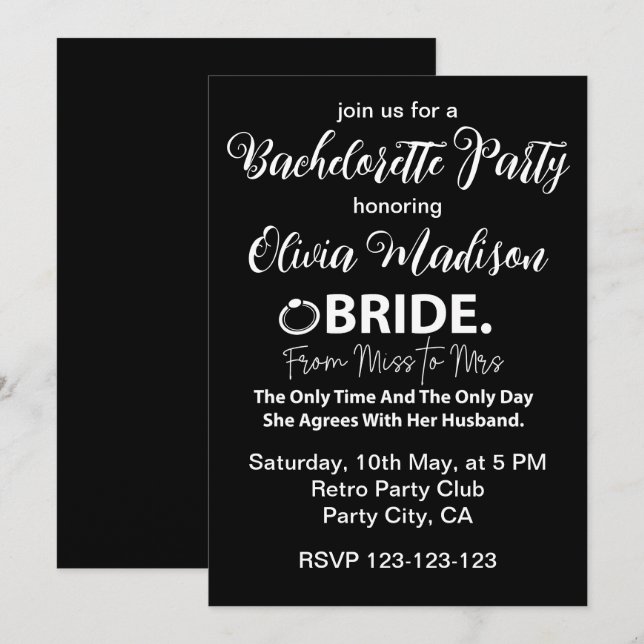 Invitation Une mariée noire et blanche pour devenir Bachelore (Devant / Derrière)