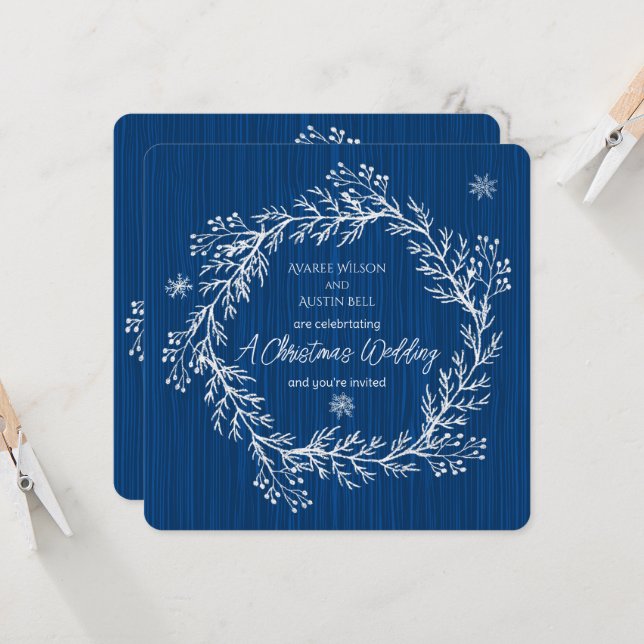 Invitation Une Marque Blanche Mariage De Noël Sur Bleu (Devant/Arrière en situation)