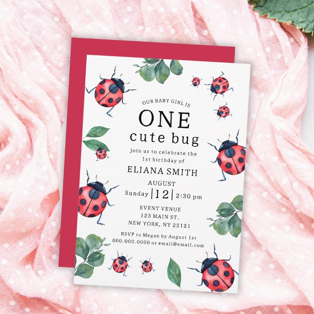 Invitation Une mignonne Bug Watercolor Ladybug Girl 1er anniv (One Cute Bug Watercolor Ladybug Girl 1st Birthday Invitation)