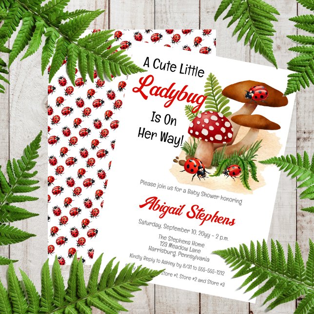 Invitation Une Mignonne Petite Ladybug Est En Chemin De Baby  ("A Cute Little Ladybug Is On Her Way!" Sweet Girl Ladybugs and Mushrooms Baby Shower Invitation)