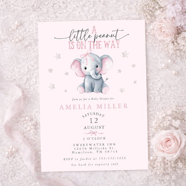 Invitation Une noisette en route Éléphant rose Fête prénatale (A Peanut on the Way Elephant Pink Baby Shower Invitation)