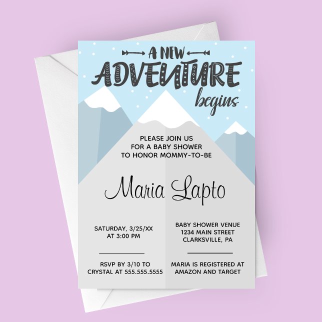 Invitation Une nouvelle aventure commence le Baby shower d'hi (A New Adventure Begins Winter Mountain Baby Shower Invitation)