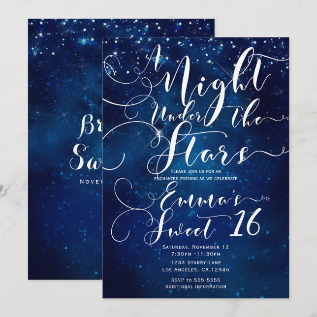 Invitation UNE NUIT SOUS LES ÉTOILES Ciel bleu étoilé 16 ans  (Devant / Derrière)