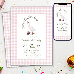 Invitation Une Oie Folle Filles Roses 1er Anniversaire