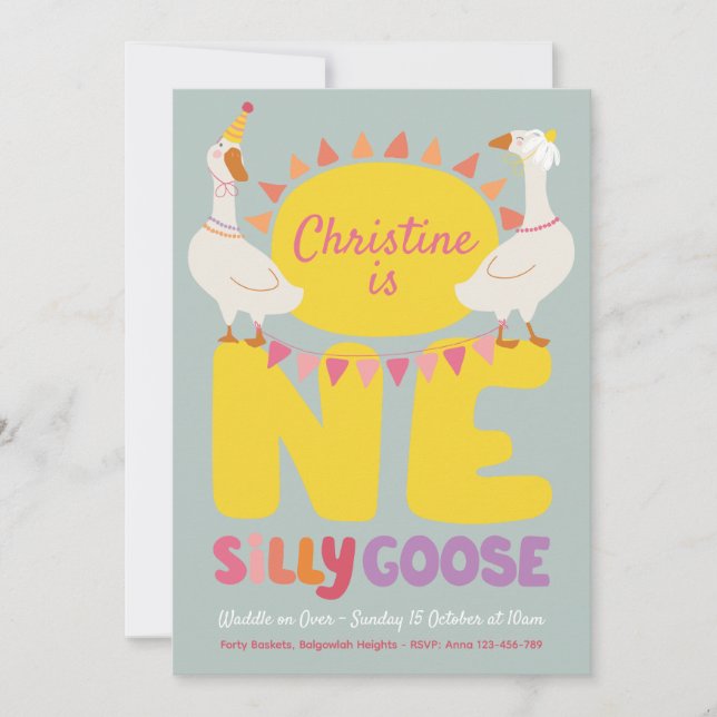 Invitation Une Oie Idiote, Premier Anniversaire Fille (Devant)