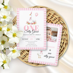 Invitation Une oie idiote, rose en vichy 1er anniversaire de
