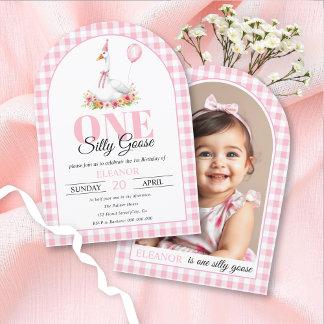 Invitation Une oie idiote, rose en vichy fille premier annive