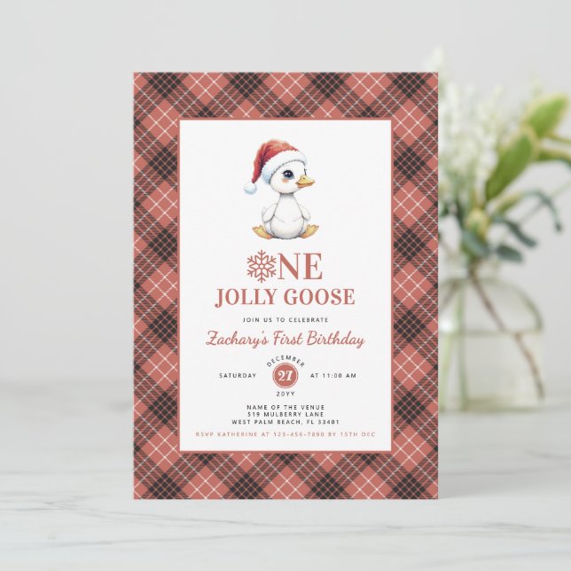 Invitation Une oie joyeuse de Noël moderne pour un premier an (Debout devant)