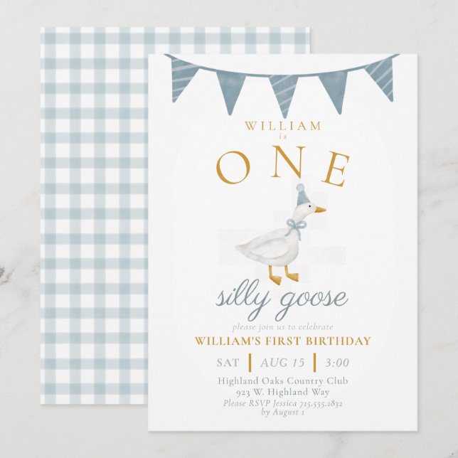 Invitation UNE Oie Ridicule Bleue Gingham Garçon Premier Anni (Devant / Derrière)