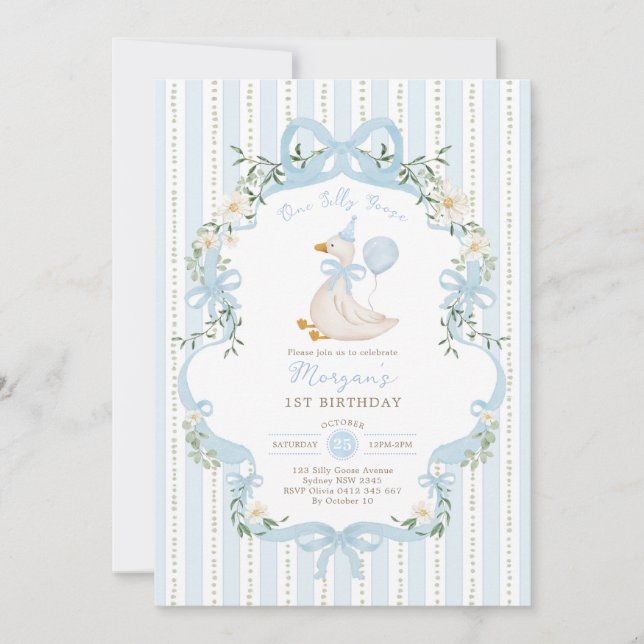 Invitation Une Oie Ridicule Coquette Rayure Bleue 1er Anniver (Devant)