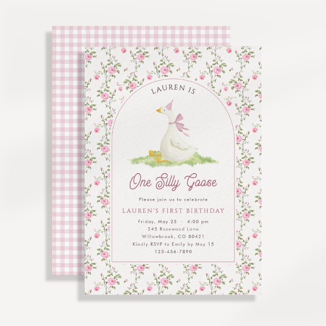 Invitation Une Oie Ridicule Gingham Rose Premier Anniversaire (Créateur téléchargé)
