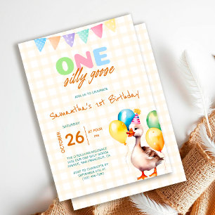 Invitation Une oie sotte 1er anniversaire Jaune Plaid