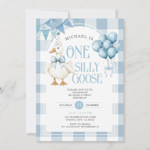 Invitation Une oie sotte 1er oiseau Balloon bleu En vichy