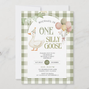 Invitation Une oie sotte Birthday Balloon Green En vichy