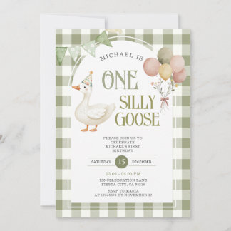 Invitation Une oie sotte Birthday Balloon Green En vichy
