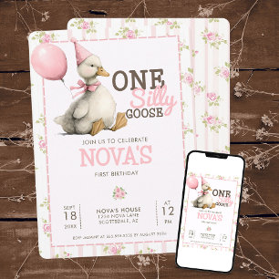 Invitation Une oie sotte personnalisée Pastel rose 1er annive