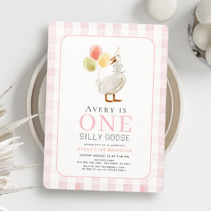 Invitation Une oie sotte rose En vichy fille 1er anniversaire