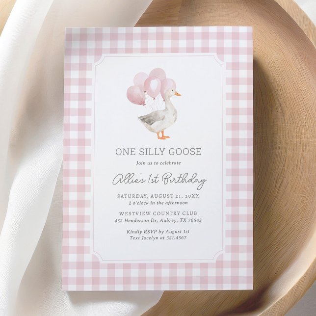 Invitation Une oie sotte rose En vichy fille 1er anniversaire (Créateur téléchargé)
