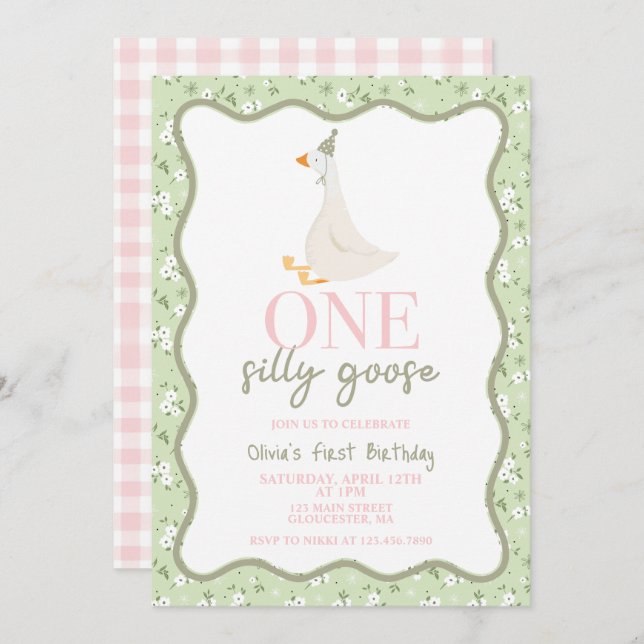 Invitation Une oie sotte rose et vert (Devant / Derrière)