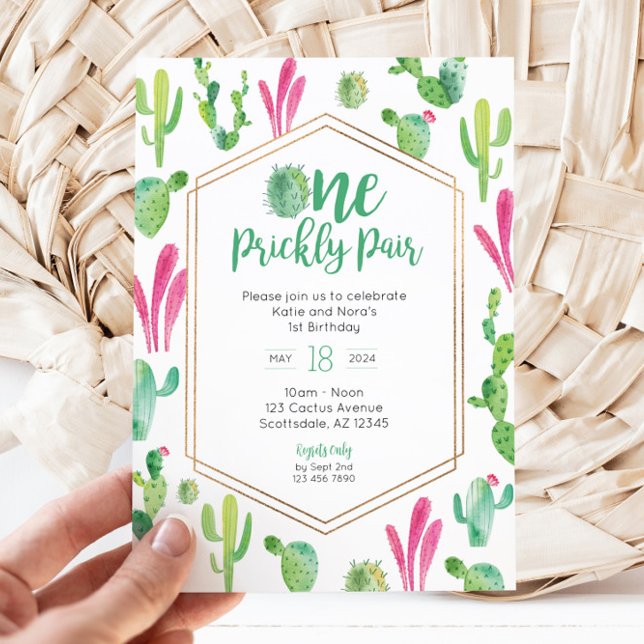Invitation Une Paire Prickly Twin Girls 1er Anniversaire Invi (One Prickly Pair Invite)