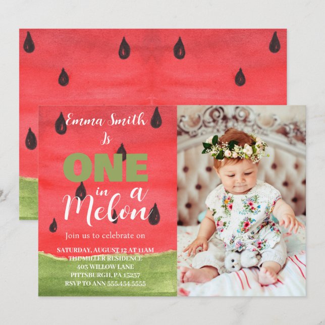 Invitation Une Pastèque One in a Melon pour un 1er Anniversai (Devant / Derrière)