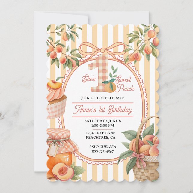 Invitation Une pêche douce Fille de 1er anniversaire Mignonne (Devant)
