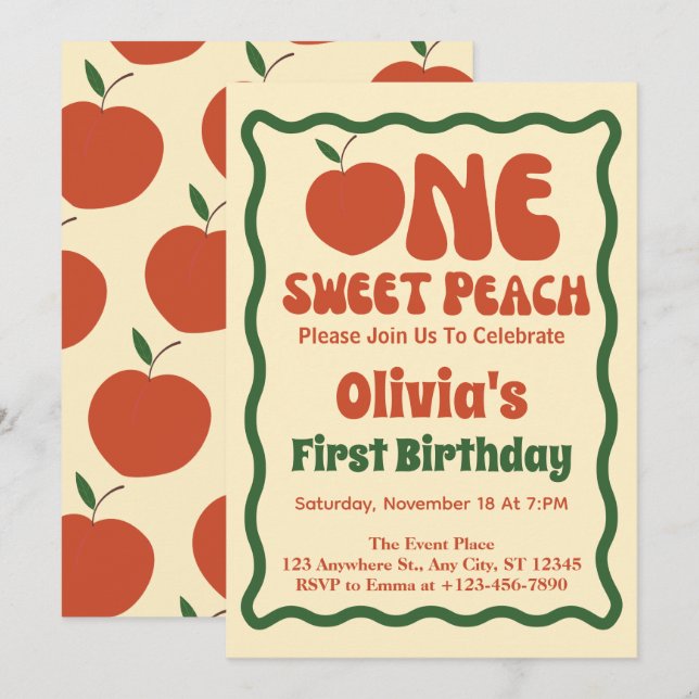 Invitation Une Pêche Douce - Wavy Retro Peach 1er Anniversair (Devant / Derrière)