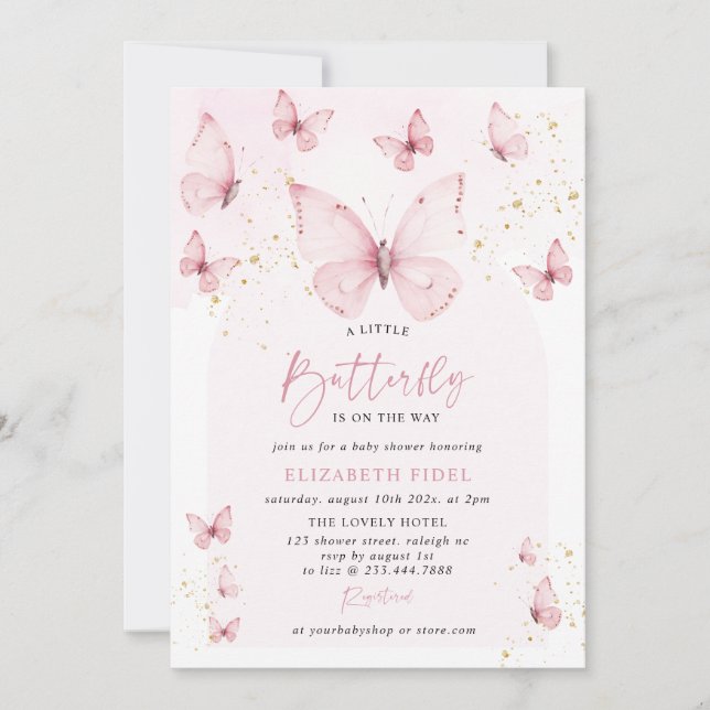 Invitation Une petite Baby Shower papillon rose or (Devant)