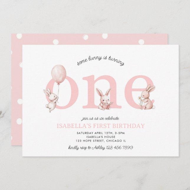 Invitation Une Petite Bébée Rose Bunny Un 1er anniversaire de (Devant / Derrière)