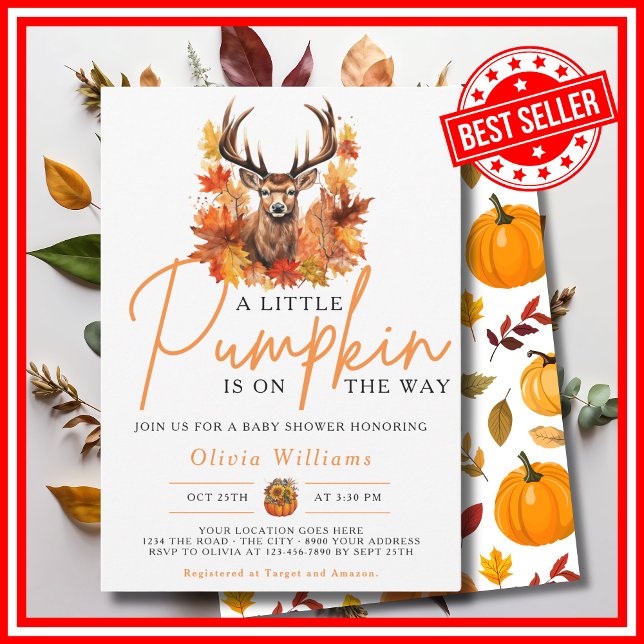 Invitation Une petite citrouille automne bébé fawn Shower (A Little Pumpkin is on the Way Fall Autumn CUTE DEER Baby Shower Invitation)