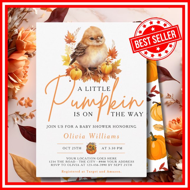 Invitation Une petite citrouille automne bébé mignon OISEAU B (A Little Pumpkin is on the Way Fall Autumn CUTE BIRD Baby Shower Invitation)