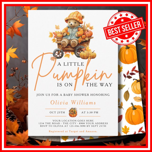 Invitation Une petite citrouille automne bébé ours MIGNON Sho (A Little Pumpkin is on the Way Fall Autumn CUTE BEAR Baby Shower Invitation)